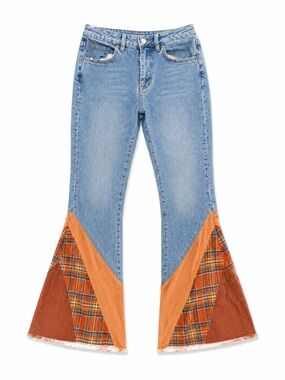 Free People Plaid Patchwork Wide Leg Jeans in Blue and Orange